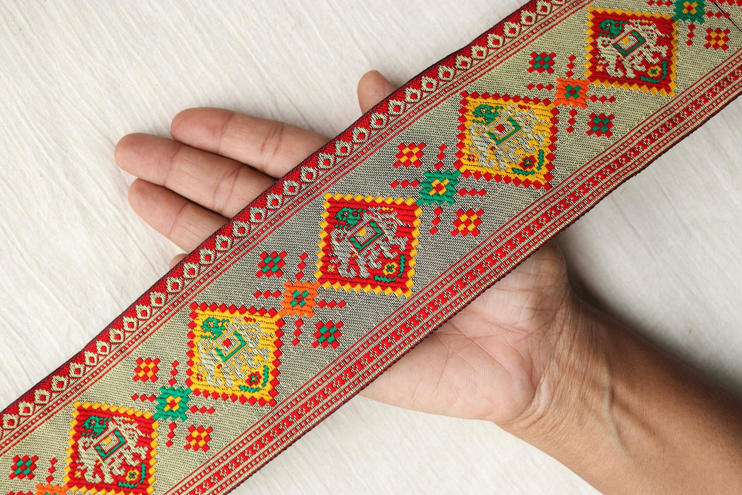 Red Gold Elephant Jacquard Trim,Brocade Patola Border,Indian Brocade Lace,Red Gold Animal Floral Trim,Red Saree Border,Price/mtr