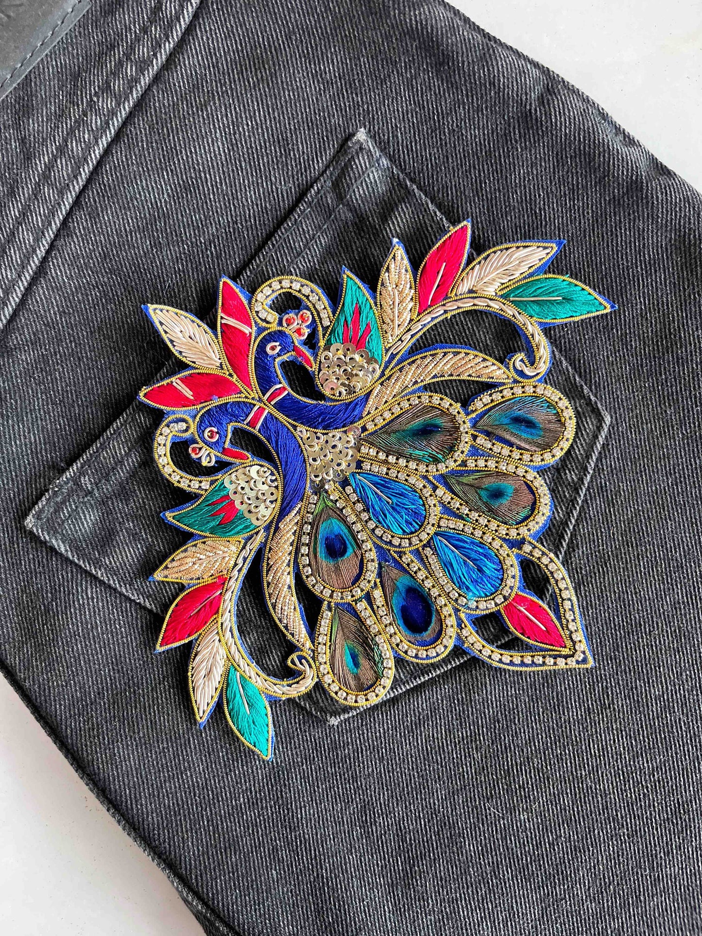 Boho peacock embroidered patch,Handmade peacock applique, Indian bird patch,Sew on Applique, DIY Patch