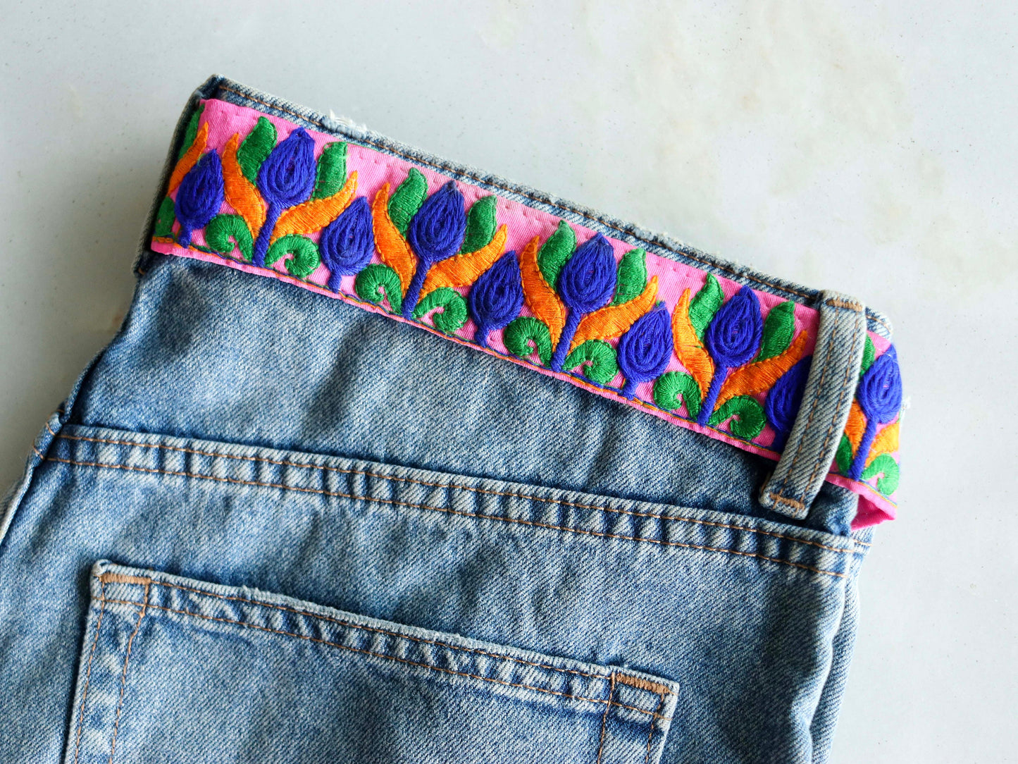 Pink Blue Floral Embroidered Trim,Indian Floral Fabric Border,Tulip Floral Lace,Parsi Embroidery Border,Pink Floral Saree Border,Price/mtr