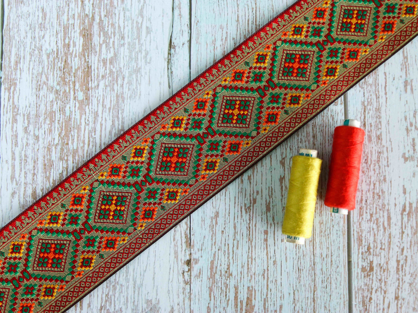 Red Gold Floral Jacquard Trim, Brocade Patola Border, Indian Brocade Lace, Red Gold Geometric Floral Trim, Red Saree Border, Price/mtr