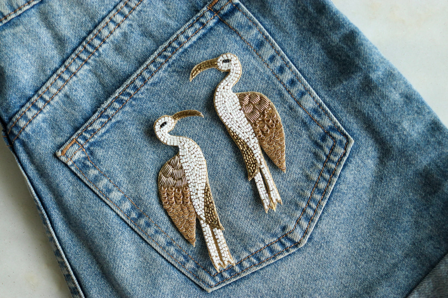 White Gold Stork embroidered patch,Handmade Bird sequin applique, Golden Indian bird zari patch,Sew on applique, Boho DIY Bird Patch