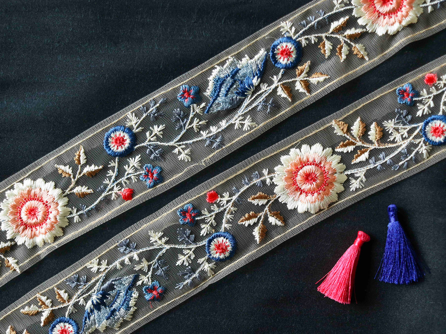 Peach Blue Floral Embroidered Trim,Pink Net Floral Border,Pink Peach Net Lace,Indian Fabric Trim,Saree Border,Price/mtr