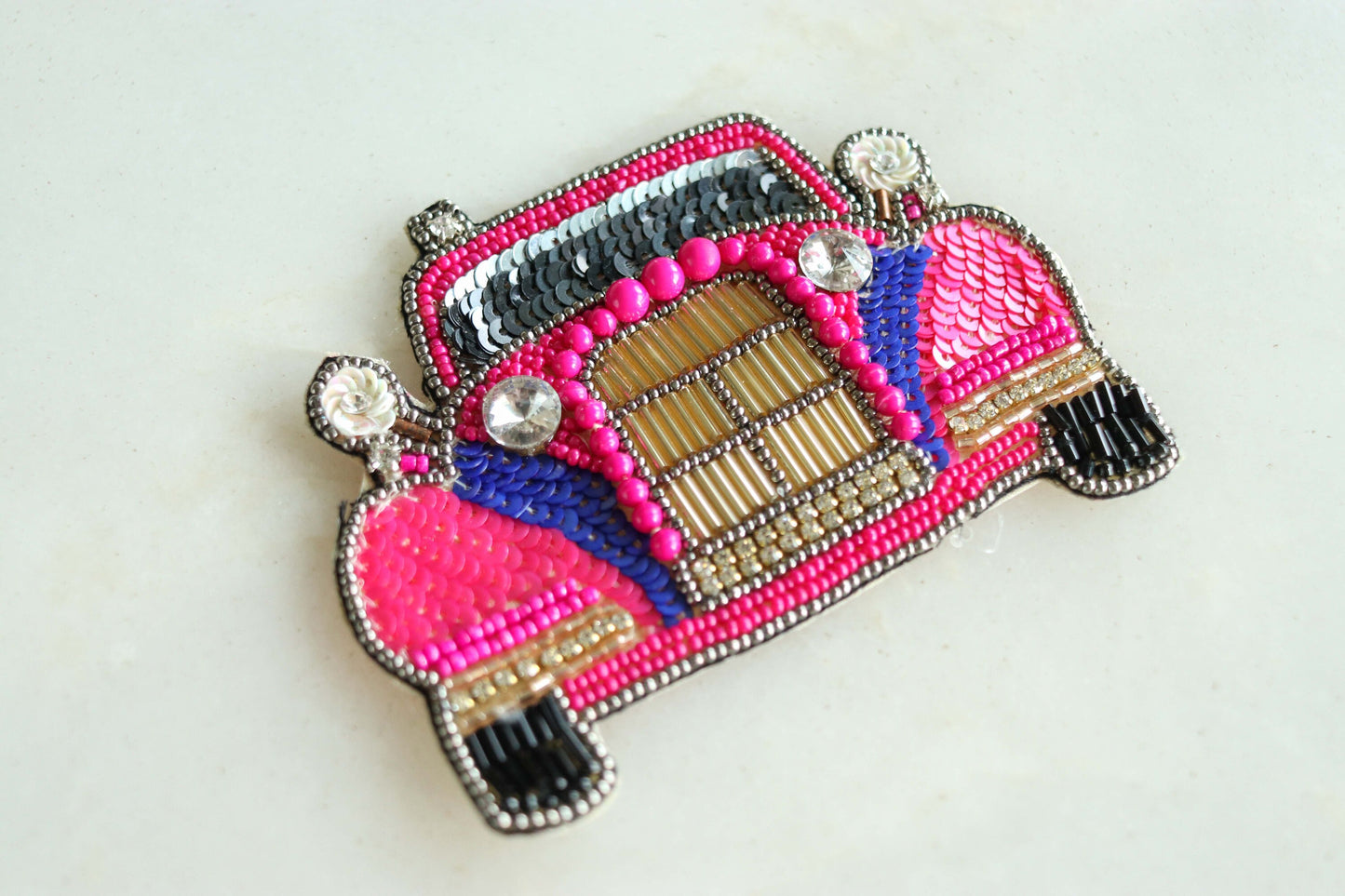 Pink Beaded Embroidered Car patch,Handmade Pink Buggy applique, Boho Quirky Vintage Vehicle patch,White Wedding Applique,DIY Patch