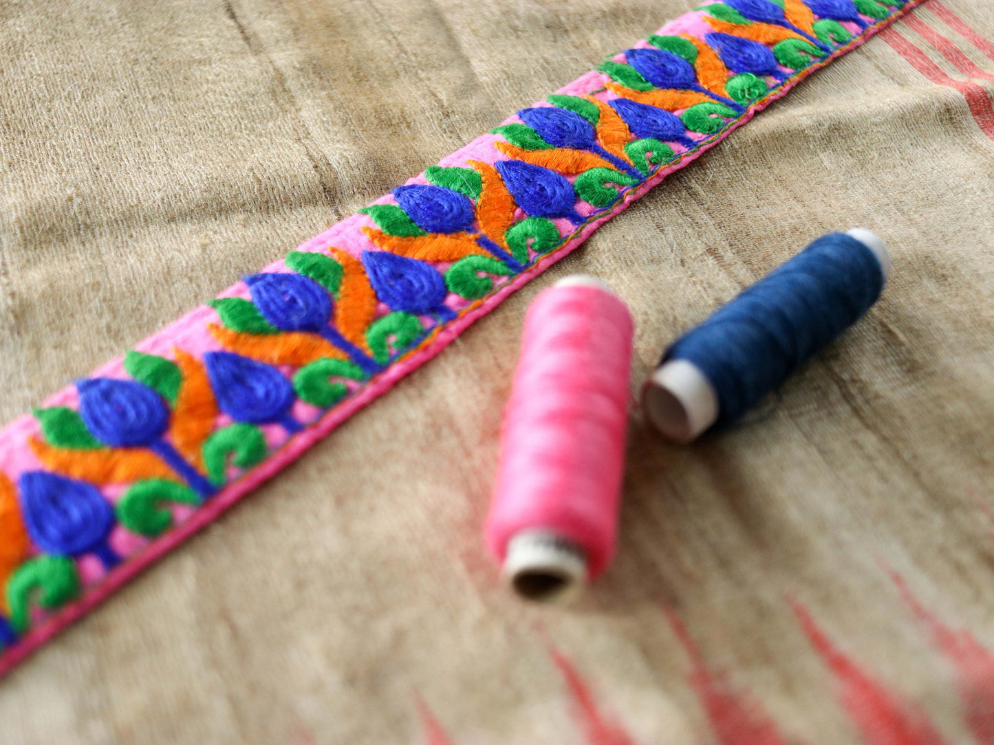 Pink Blue Floral Embroidered Trim,Indian Floral Fabric Border,Tulip Floral Lace,Parsi Embroidery Border,Pink Floral Saree Border,Price/mtr