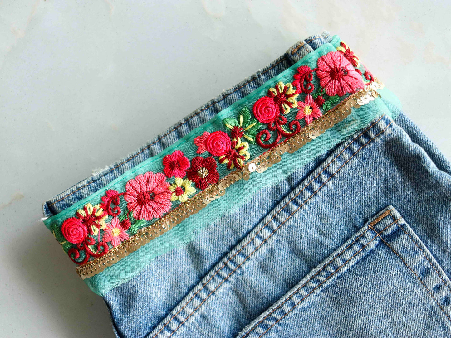 Mint Pink Floral Embroidered Trim,Sequin Floral Border,Green Pink Gold Floral Net Lace,Indian Fabric Trim,Floral Saree Border,Price/mtr