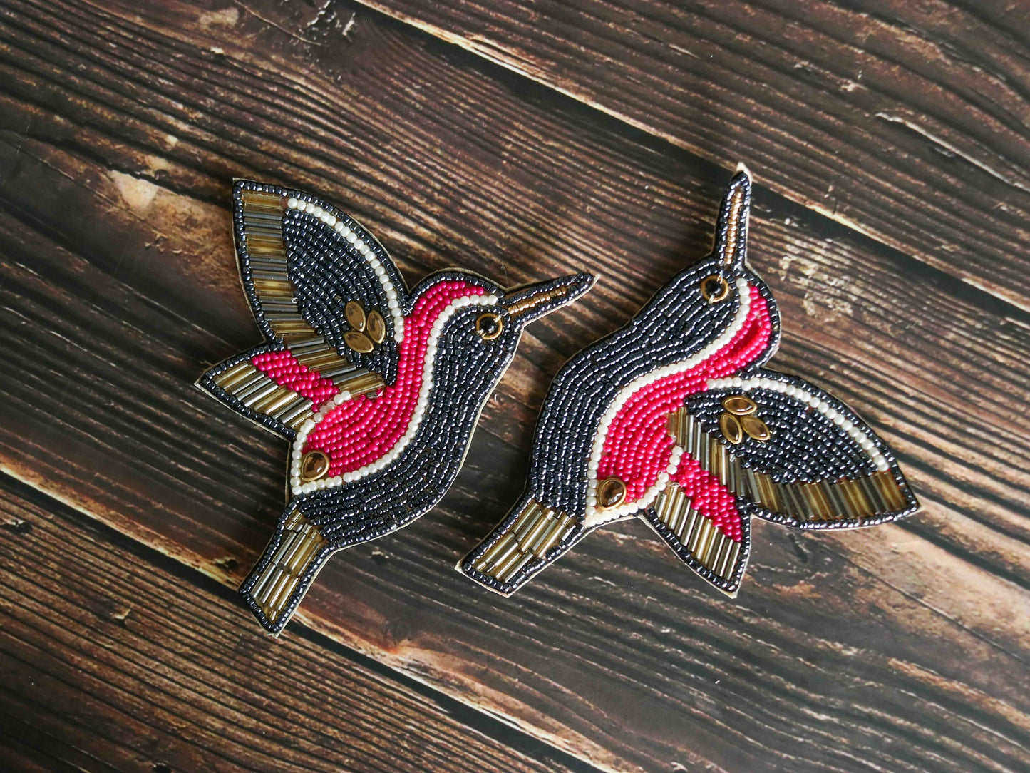 Grey Pink Bird Beaded patch,Handmade Embroidered applique, Grey Hummingbird patch,Costume Denim Patch,Sew on Applique, DIY Patch