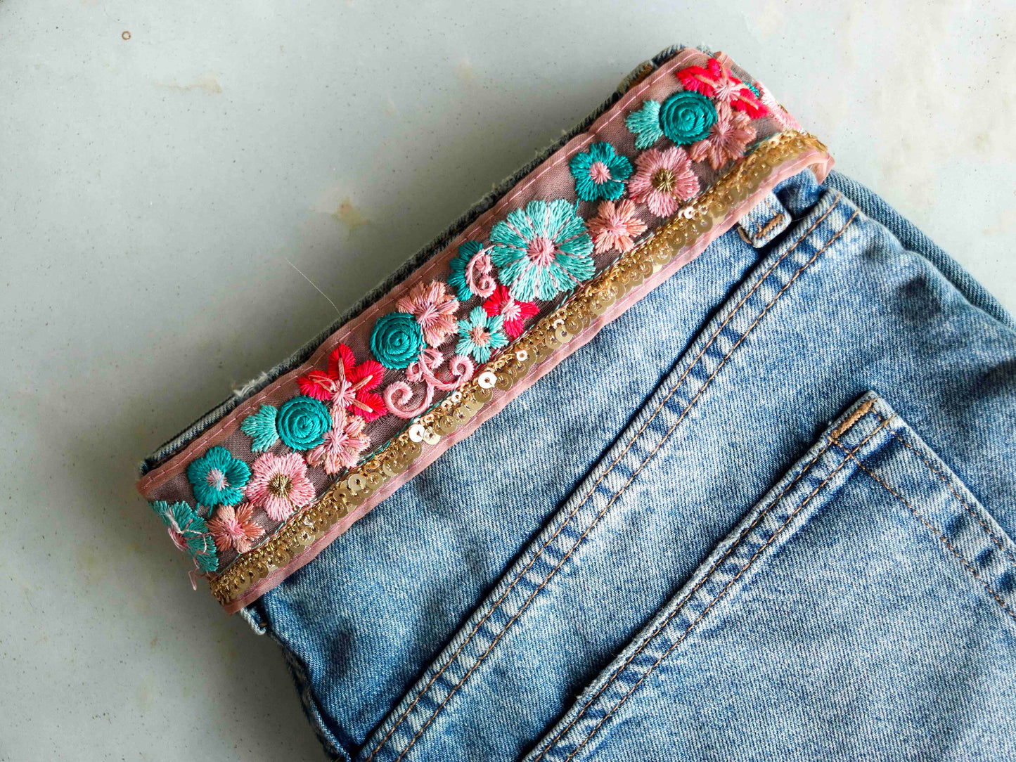 Peach Teal Floral Embroidered Trim, Pink Sequin Floral Border, Green Gold Net Lace,Indian Fabric Trim, Saree Border, Price/mtr, インド刺繍リボン