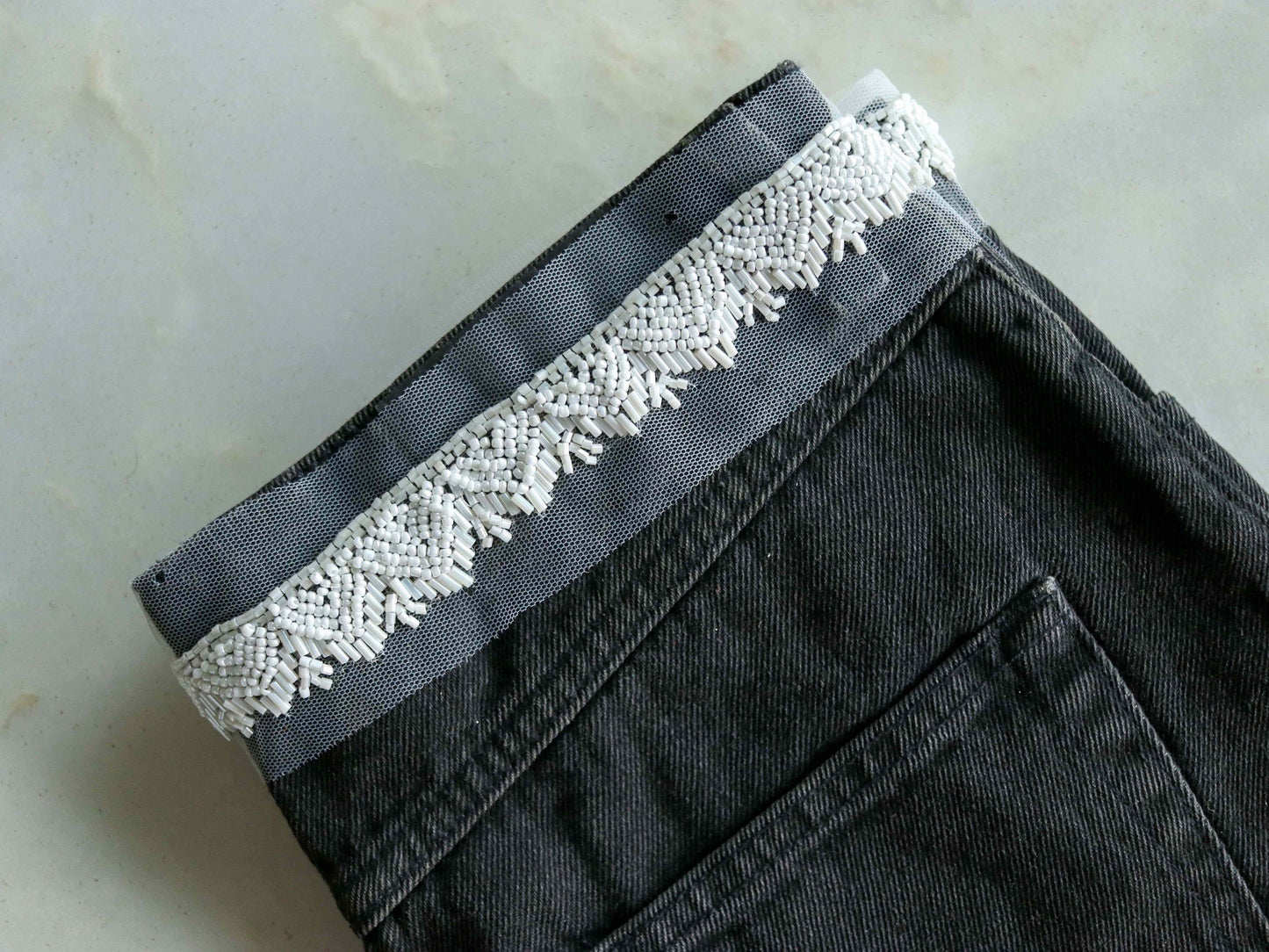 White Beaded Floral Handmade Trim,Floral Vine Bugle Bead Net Border,White Fringe Lace,Indian Fabric Trim,Calcutta Saree Border,Price/mtr