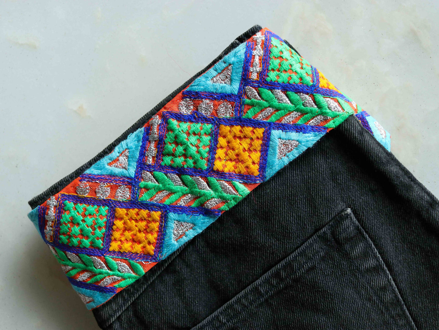 Blue Green Embroidered Kutchi Trim,Indian Handmade Orange Silver Border,Multicolour Lace,Tribal Boho Hippie Saree Border,Price/mtr