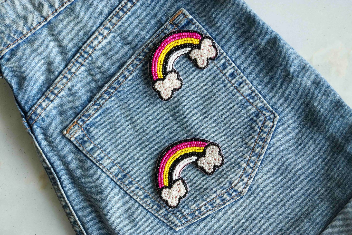Multicolour Rainbow quirky beaded patch,Handmade playful boho quirky applique, Denim Sew-on patch