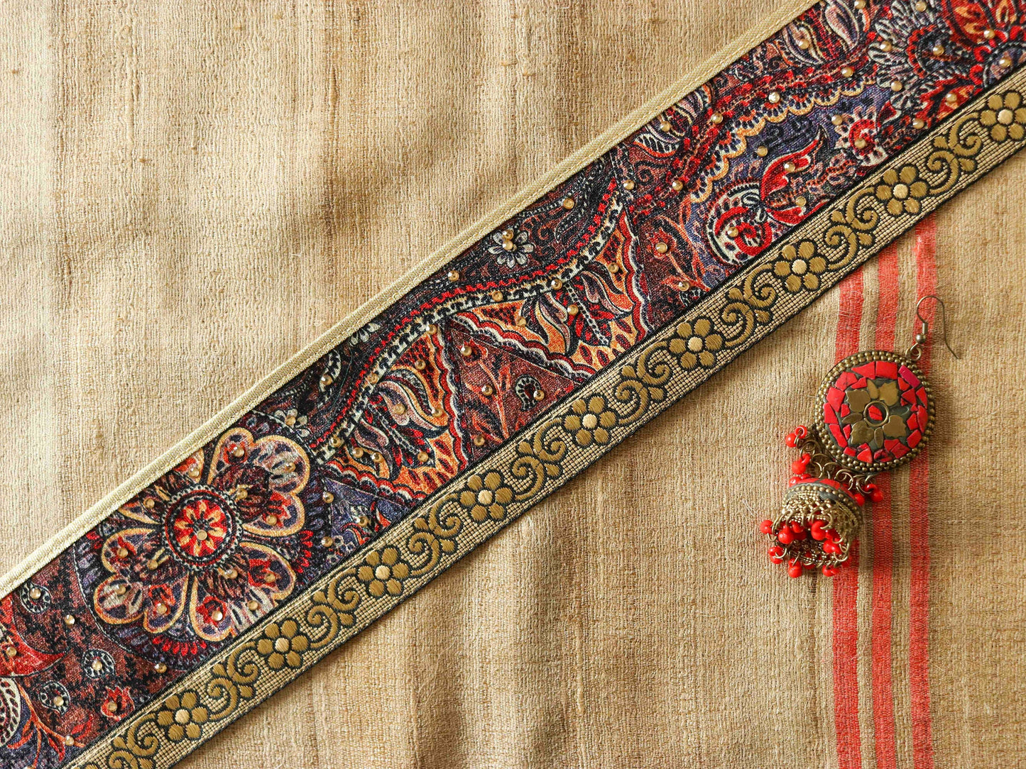 Boho Digital Patchwork Trim,Printed Patchwork Border,Beige Gold Floral Border,Indian Patchwork Khichdi Saree Border,Price/mtr