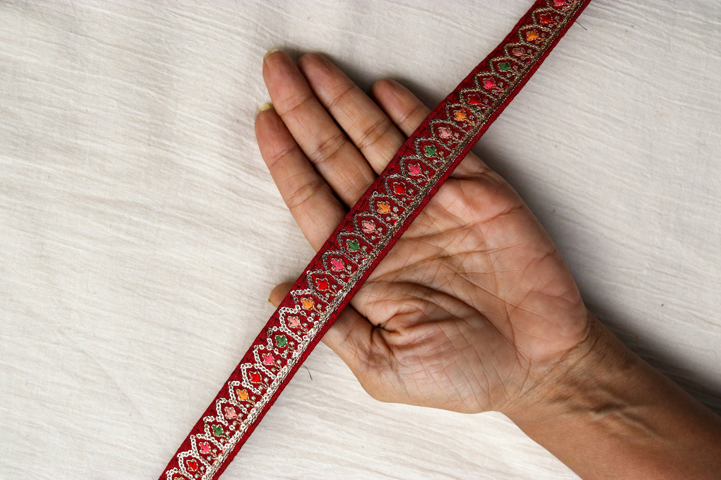 Red Colourful Floral Embroidered Trim,Indian Fabric Embroidered Border,Narrow Red Pink Floral Lace,Floral Saree Border,Price/mtr