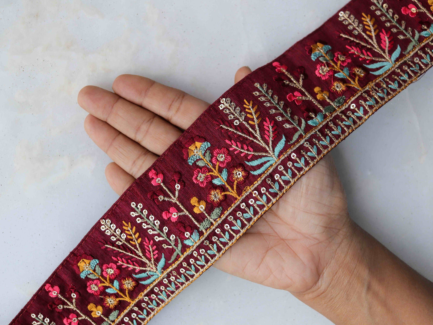 Maroon Pink Floral Embroidered Trim,Kashmir Embroidery,Burgundy Saree Border,Boho Red Rustic Lace,Indian Fabric Trim,Price/mtr