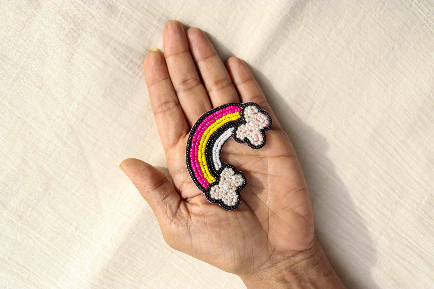 Multicolour Rainbow quirky beaded patch,Handmade playful boho quirky applique, Denim Sew-on patch