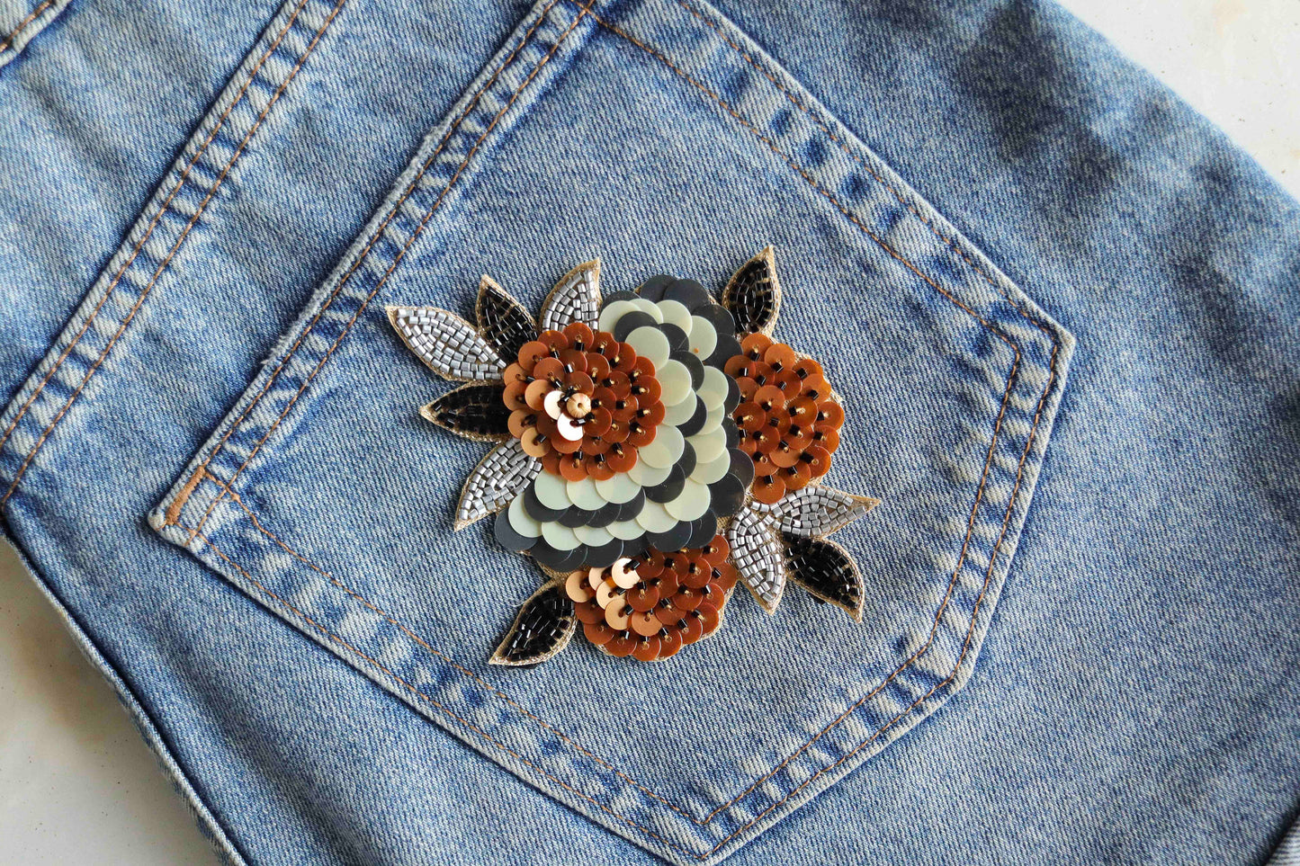 White Gold Beaded Floral Patch,Handmade embroidered large flower applique, 3 D White wedding Floral patch, DIY Patch