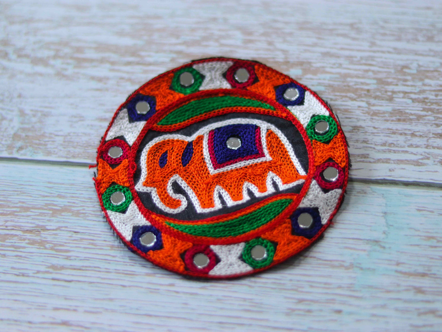 Round Orange Elephant Embroidered Patch, Kutchi Handmade Mirror Applique, Boho Tribal Banjara Multicolour Quirky Patch,DIY Costume Patch