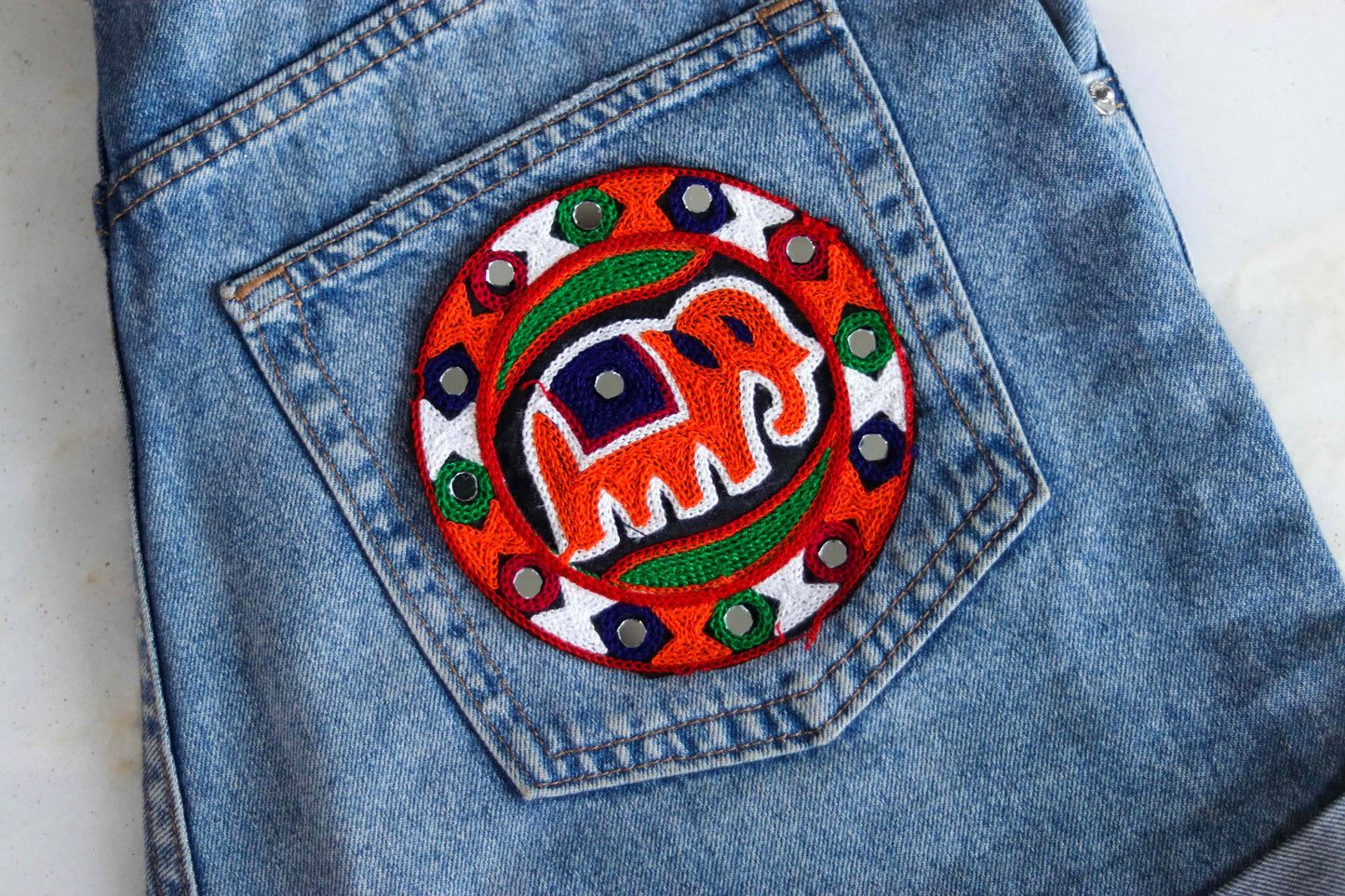 Round Orange Elephant Embroidered Patch, Kutchi Handmade Mirror Applique, Boho Tribal Banjara Multicolour Quirky Patch,DIY Costume Patch