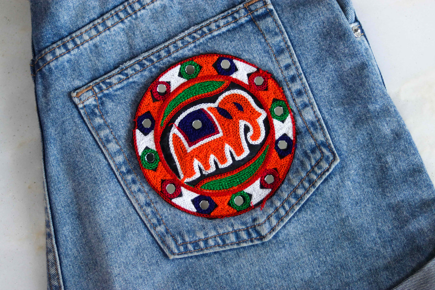 Round Orange Elephant Embroidered Patch, Kutchi Handmade Mirror Applique, Boho Tribal Banjara Multicolour Quirky Patch,DIY Costume Patch