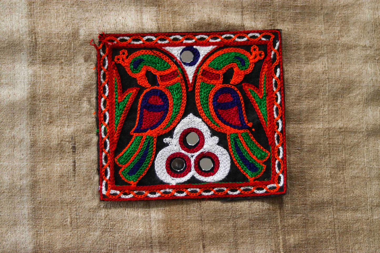 Black Orange Peacock Embroidered Patch, Kutchi Handmade Square Mirror Applique, Boho Tribal Banjara Multicolour Quirky DIY Costume Patch