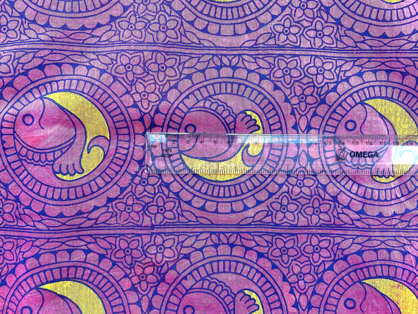 Pink Fish Print Madhubani Fabric,Indian Block Print Fish Painting Chanderi Cotton,Quirky Exotic Print Quilting Cloth,Gift for her.Price/mtr