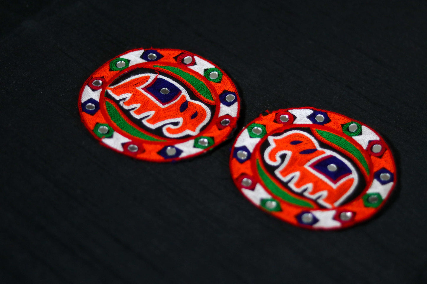 Round Orange Elephant Embroidered Patch, Kutchi Handmade Mirror Applique, Boho Tribal Banjara Multicolour Quirky Patch,DIY Costume Patch