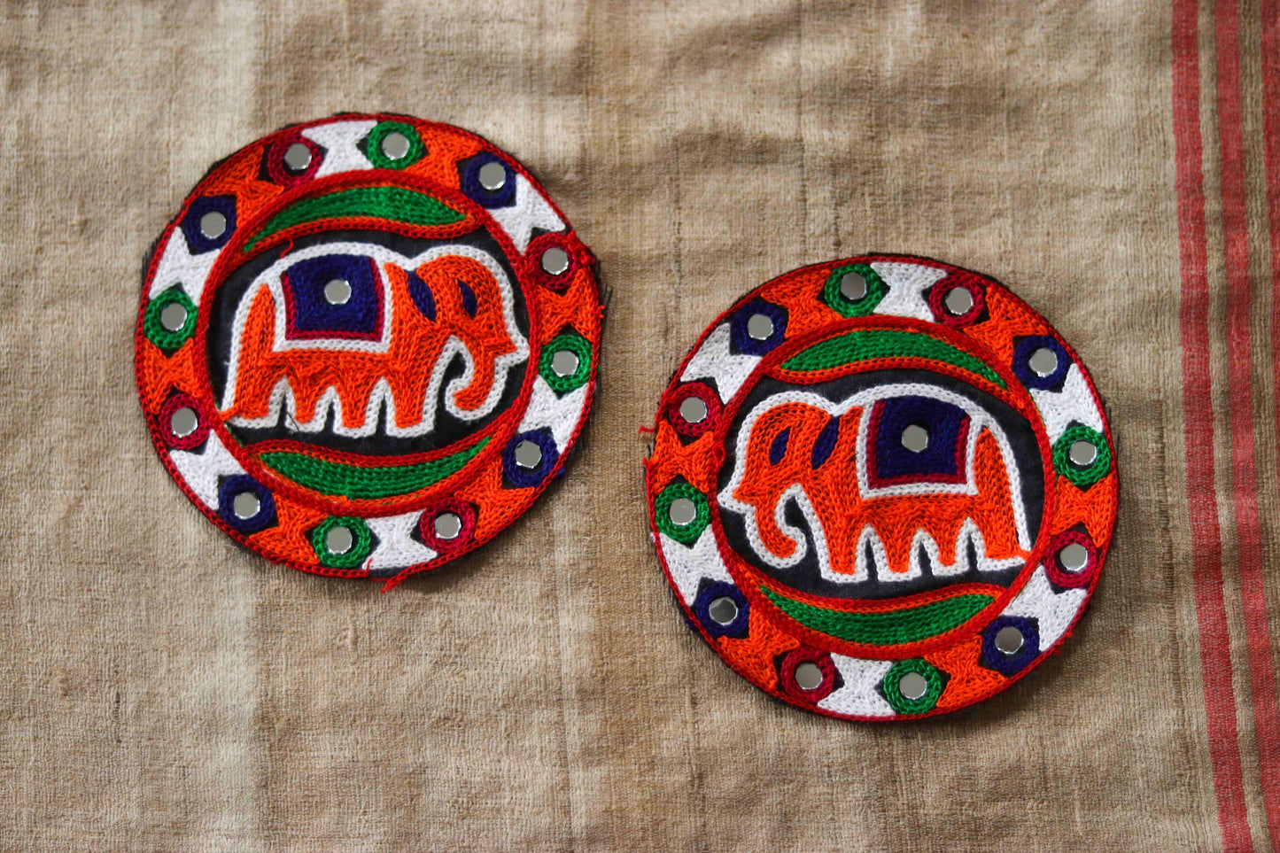 Round Orange Elephant Embroidered Patch, Kutchi Handmade Mirror Applique, Boho Tribal Banjara Multicolour Quirky Patch,DIY Costume Patch