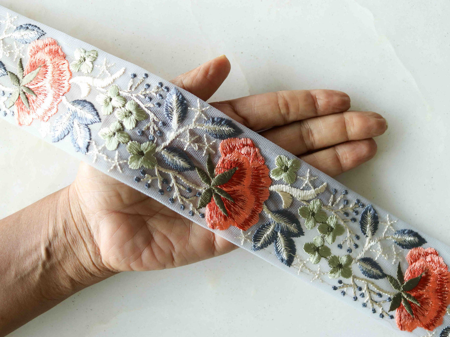 Grey Peach Floral Embroidered Trim,Peach Mint Grey Net Floral Border,Blue Net Lace,Indian Fabric Trim,Saree Border,Price/mtr, インド刺繍リボン