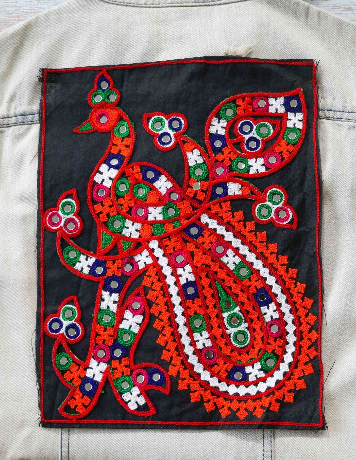 Large Black Orange Peacock Patch, Kutchi Embroidered Handmade Mirror Applique, Boho Tribal Banjara Multicolour Quirky DIY Costume Patch