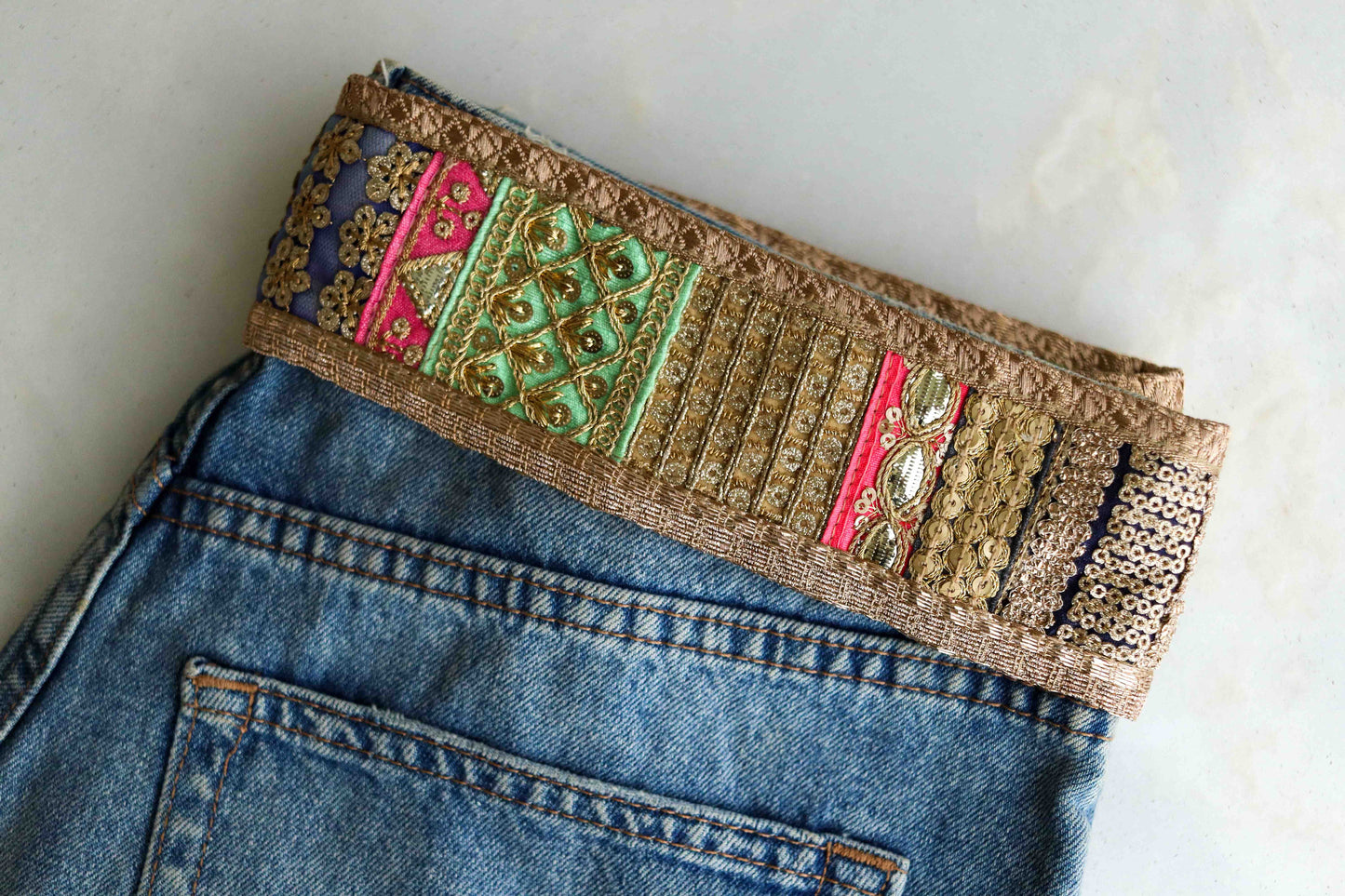Boho Colourful Patchwork Embroidered Trim, Upcycled Embroidered Lace,Beige Gold Floral Border,Indian Khichdi Saree Border,Price/mtr