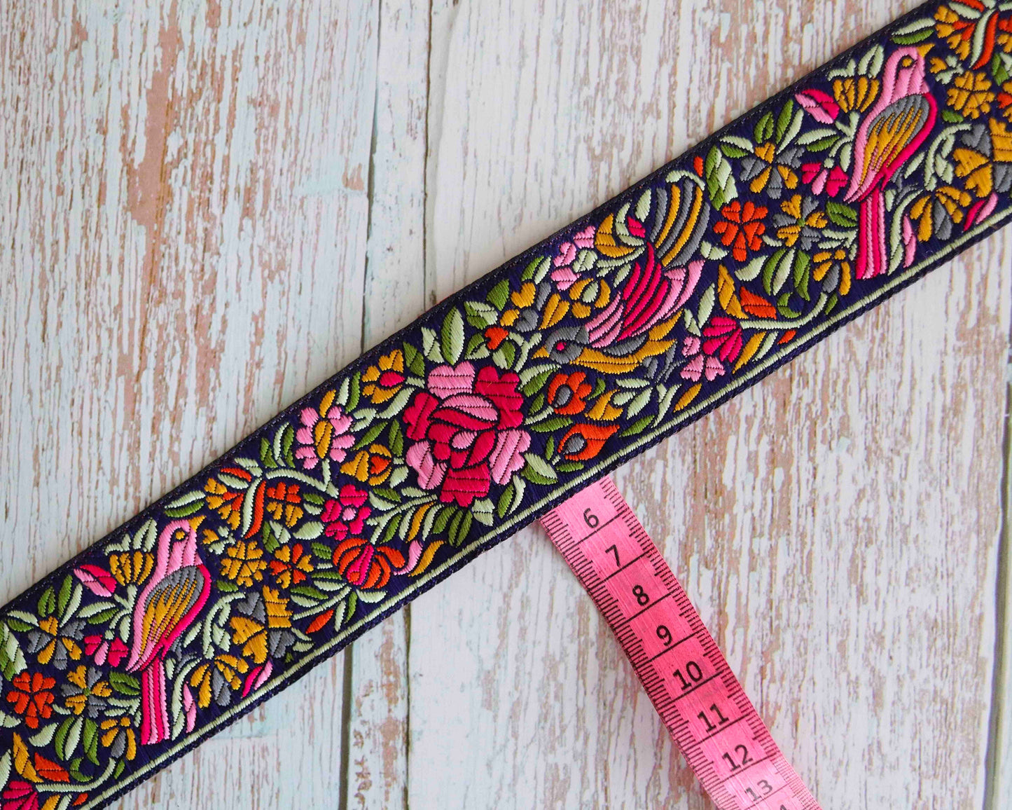 Black Pink Bird Floral Trim,Jacquard Pink Sparrow Brocade Border,Indian Brocade Lace,Boho Black Pink Trim,Bird Floral Saree Border,Price/mtr
