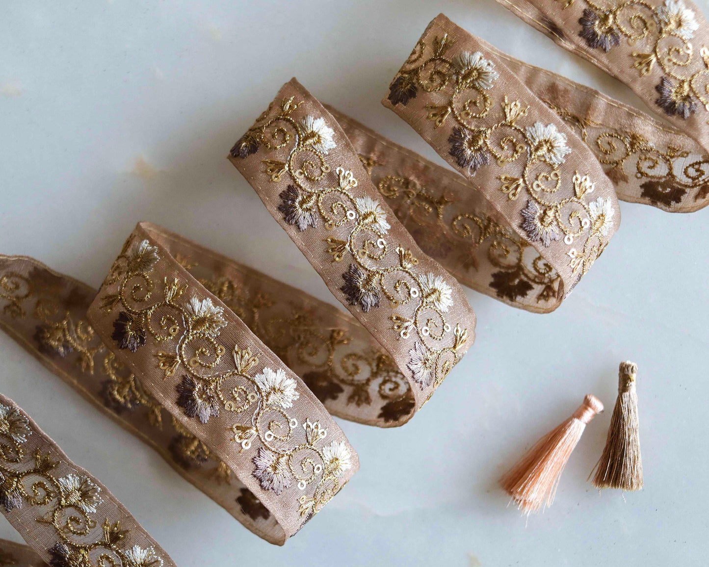 Beige Gold Floral Velvet Trim,Indian Floral Embroidered Border,Beige Cream Gold Tissue Floral Lace,Beige Saree Border,Price/mtr