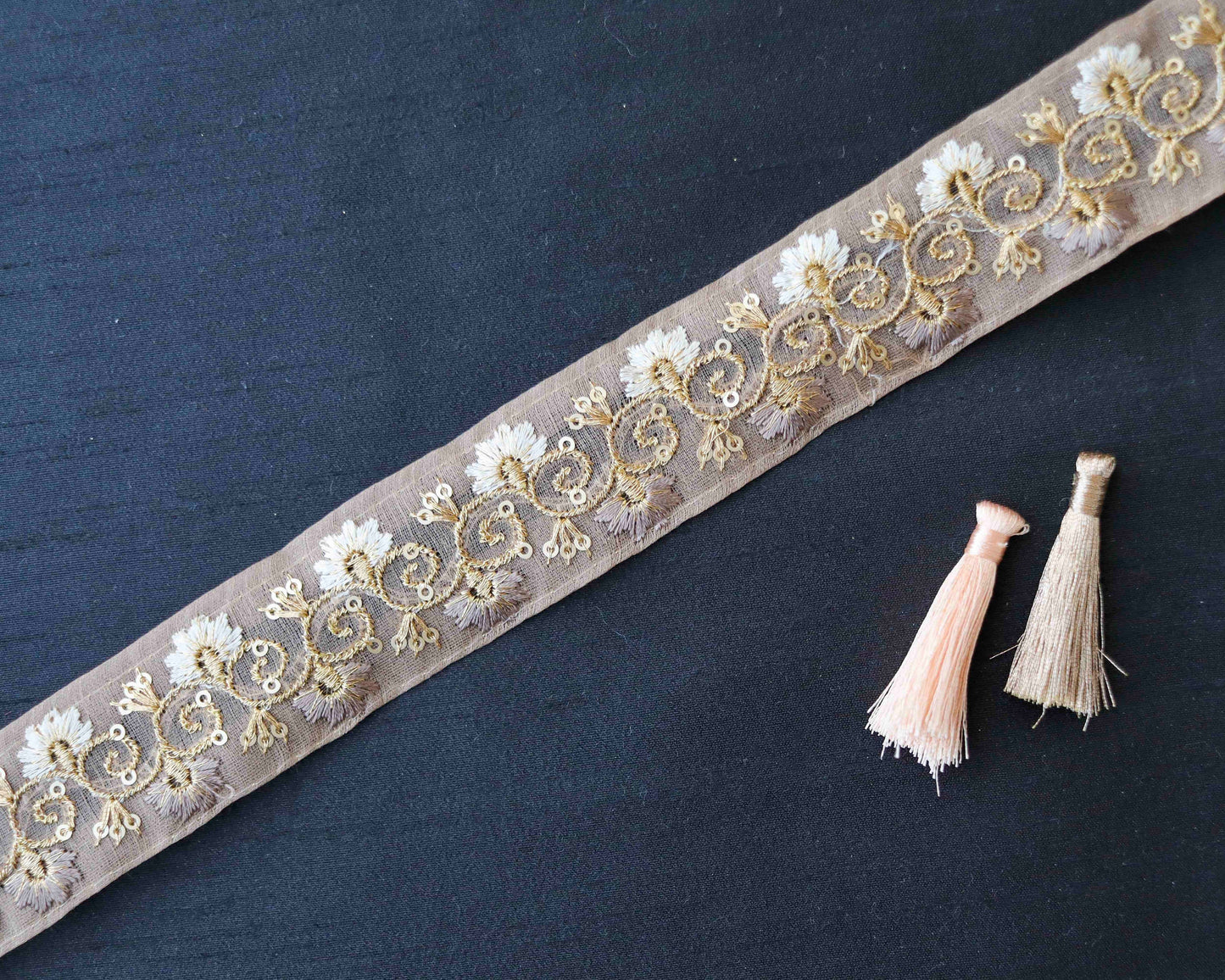 Beige Gold Floral Velvet Trim,Indian Floral Embroidered Border,Beige Cream Gold Tissue Floral Lace,Beige Saree Border,Price/mtr
