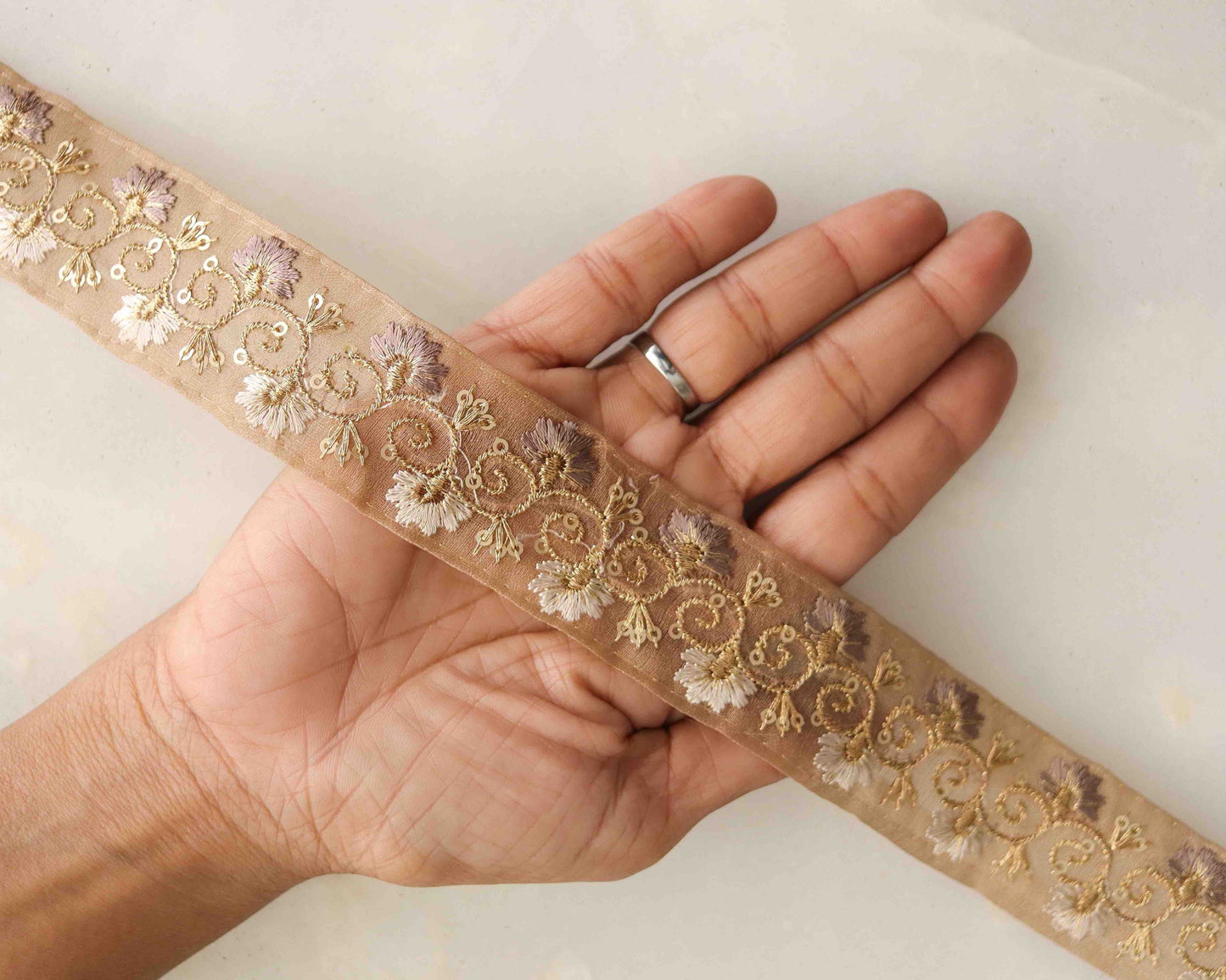 Beige Gold Floral Velvet Trim,Indian Floral Embroidered Border,Beige Cream Gold Tissue Floral Lace,Beige Saree Border,Price/mtr