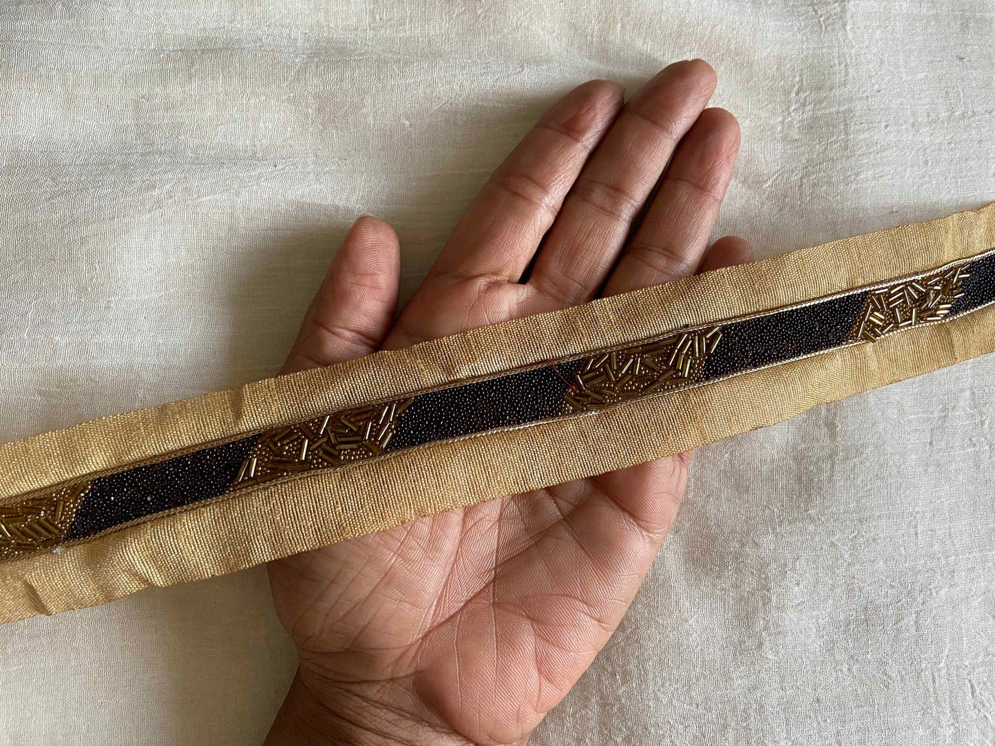 Black Gold Beaded Handmade Trim, Cutdana Bugle Beads Narrow Border,Black Gold Fringe Lace,Indian Fabric Trim,Price/mtr
