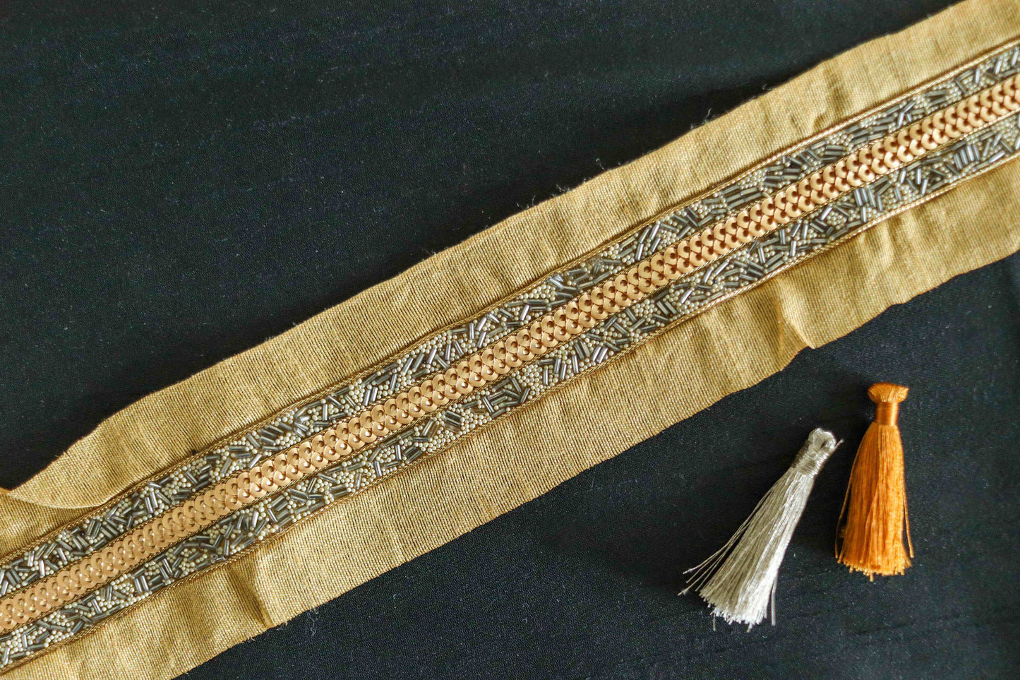 Silver Gold Beaded Handmade Trim, Cutdana Bugle Beads Narrow Border,Silver Gold Fringe Lace,Indian Fabric Trim,Price/mtr