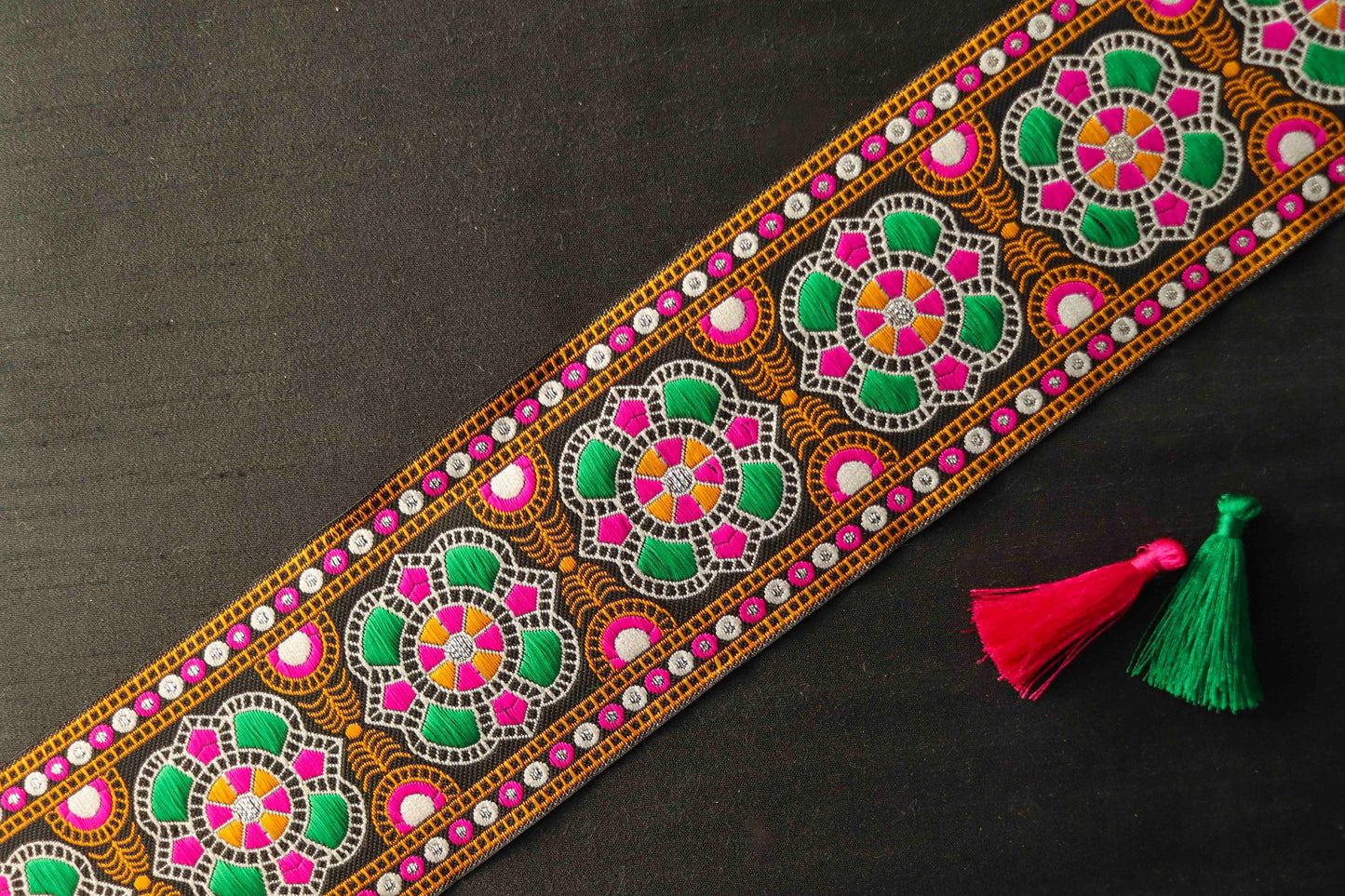Black Multicolour Kutchi Trim,Indian Fabric Woven Border,Black Pink Green Lace,Tribal Boho Hippie Saree Border,Price/mtr