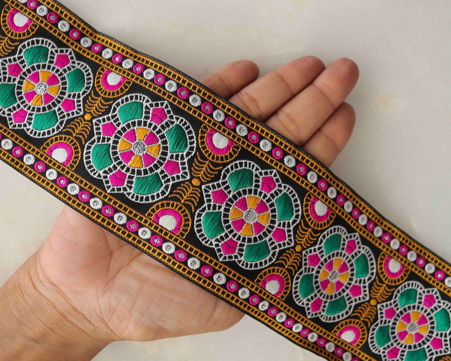 Black Multicolour Kutchi Trim,Indian Fabric Woven Border,Black Pink Green Lace,Tribal Boho Hippie Saree Border,Price/mtr