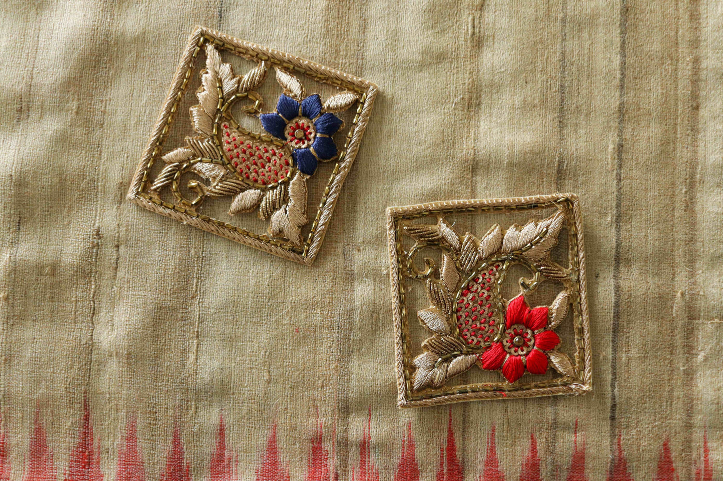 Gold Cutwork Embroidered Pocket Patch,Handmade Indian Gold Red Blue Pocket Applique, Boho Kitschy Floral Patch,DIY Denim Jacket Patch
