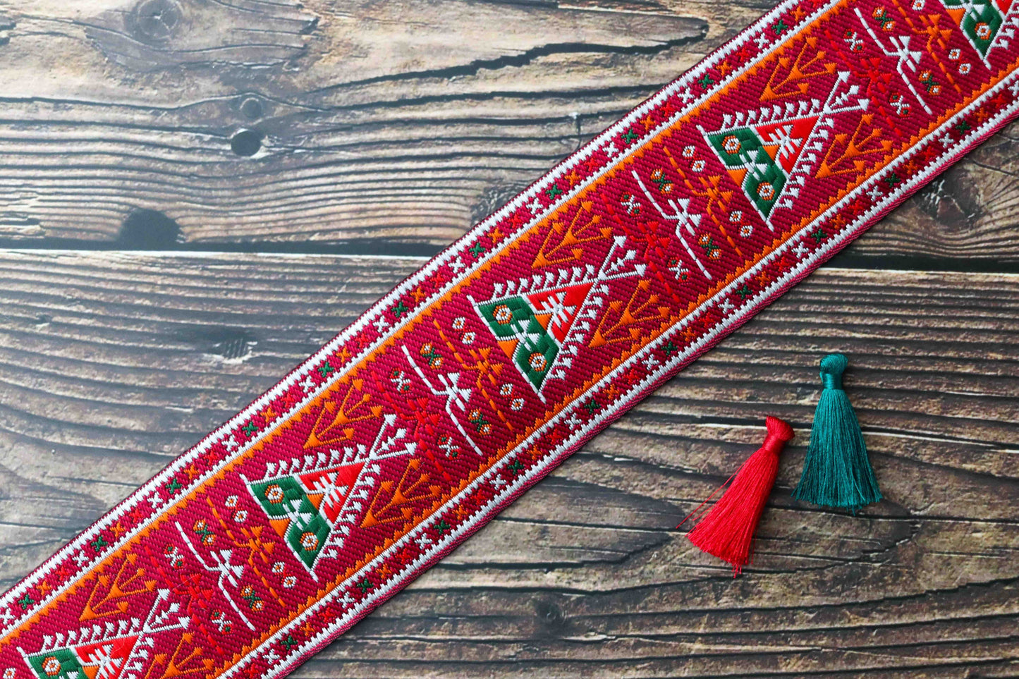 Red Geometric Floral Jacquard Trim, Red White Yellow Brocade Border, Indian Brocade Lace, Boho Red Trim, Red Saree Border, Price/mtr