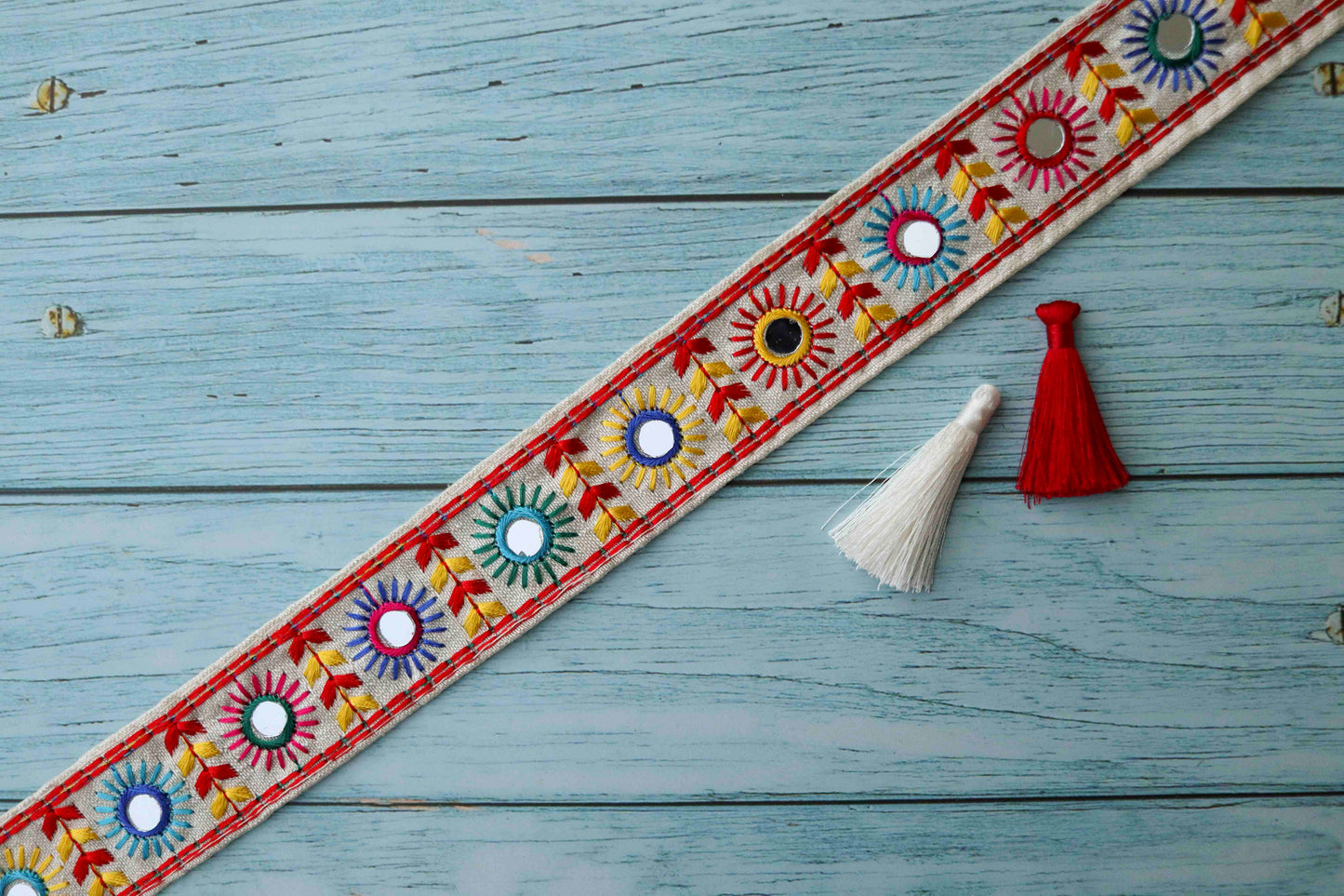 White Red Embroidered Mirror Trim,Handmade Kutchi Indian Fabric Border,Rainbow Mirror Lace,Tribal Boho Hippie Saree Border,Price/mtr