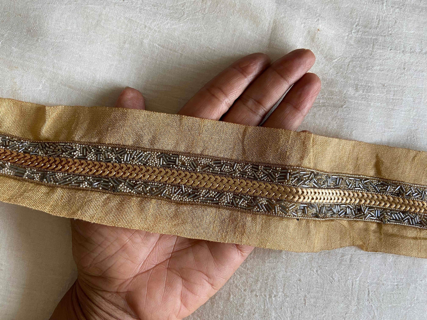 Silver Gold Beaded Handmade Trim, Cutdana Bugle Beads Narrow Border,Silver Gold Fringe Lace,Indian Fabric Trim,Price/mtr