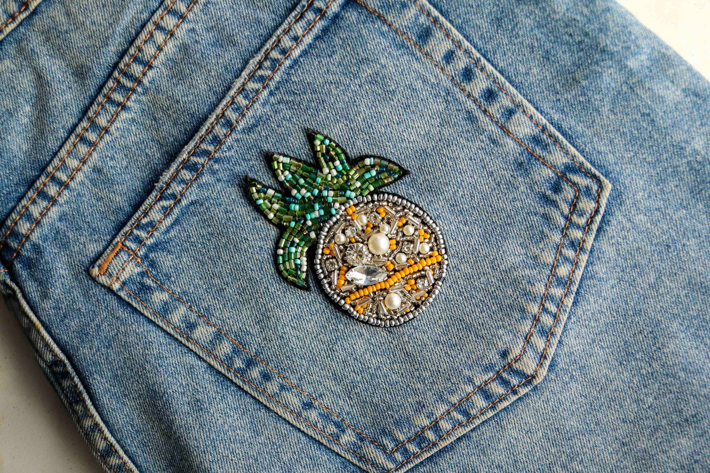 Quirky Pineapple Beaded Fruit Patch,Handmade embroidered fruit applique, Green Yellow Fruit Applique, Playful Fruit Food patch,DIY Patch