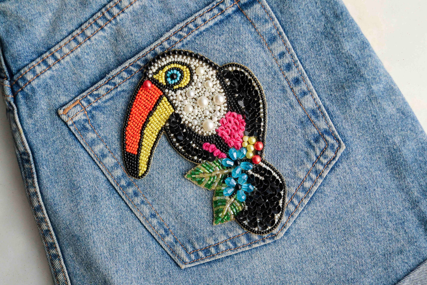 Multicolour Toucan Bird beaded patch,Handmade Embroidered Bird applique, Rainbow bird patch,Costume Denim Patch,Sew on Applique,DIY Patch