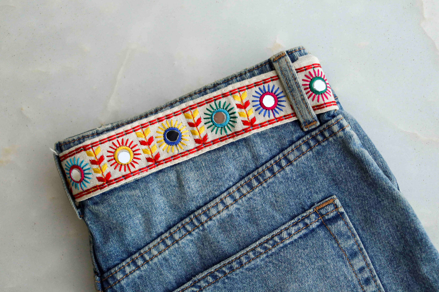 White Red Embroidered Mirror Trim,Handmade Kutchi Indian Fabric Border,Rainbow Mirror Lace,Tribal Boho Hippie Saree Border,Price/mtr
