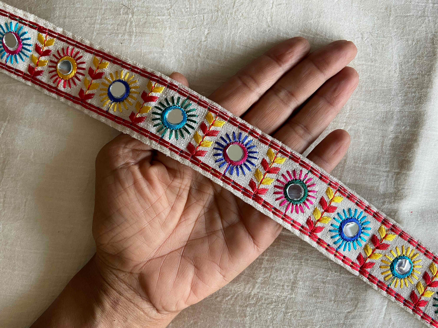 White Red Embroidered Mirror Trim,Handmade Kutchi Indian Fabric Border,Rainbow Mirror Lace,Tribal Boho Hippie Saree Border,Price/mtr