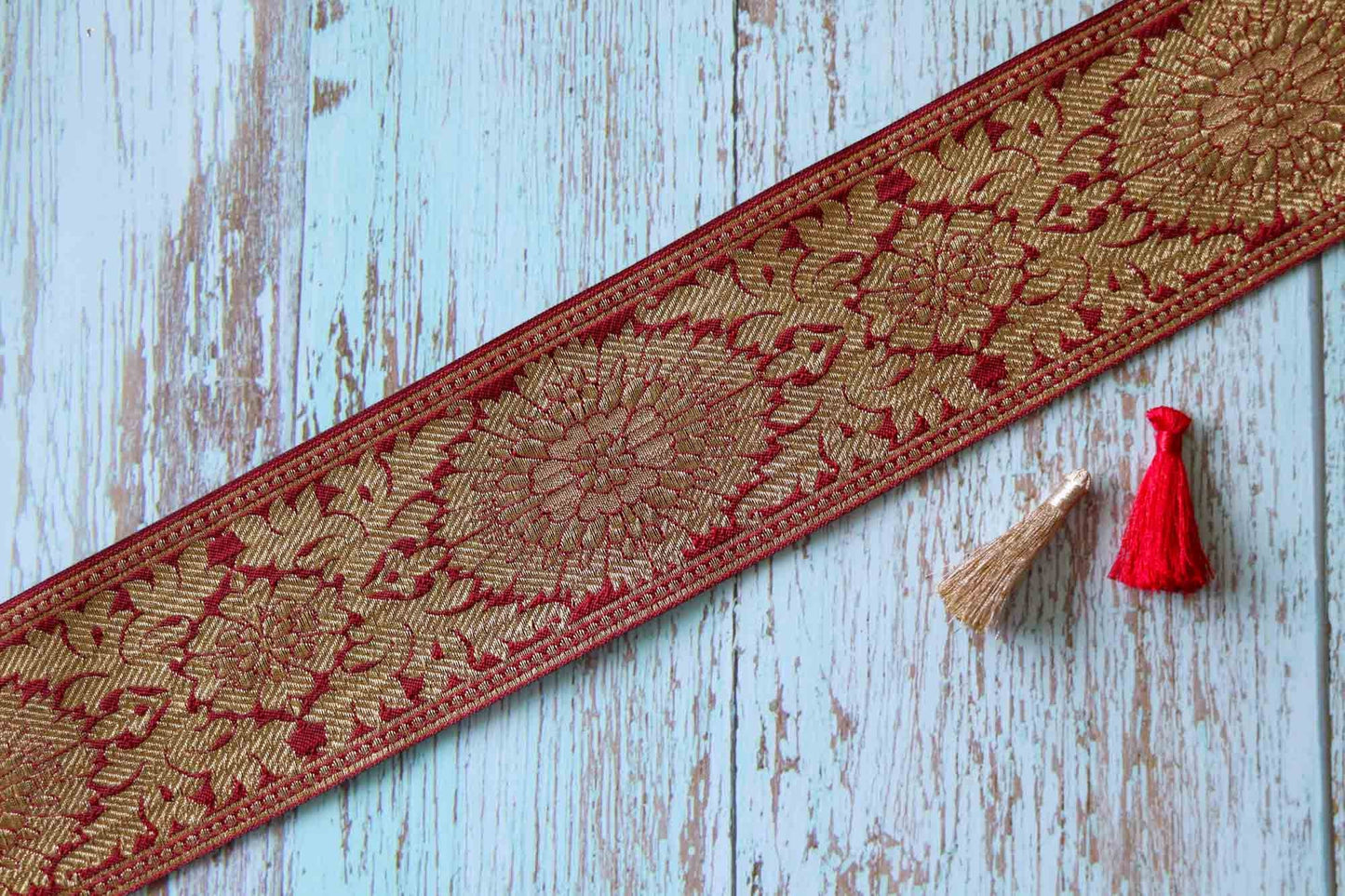 Red Gold Floral Banarasi Trim,Handmade Red Banarasi Weave Border,Indian Brocade Lace,Designer Floral Saree Border,Price/mtr