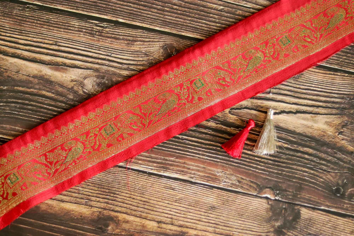 Red Parrot Elephant Banarasi Trim, Handmade Red Banarasi Border, Indian Brocade Lace, Designer Red Bird Saree Border, Price/mtr