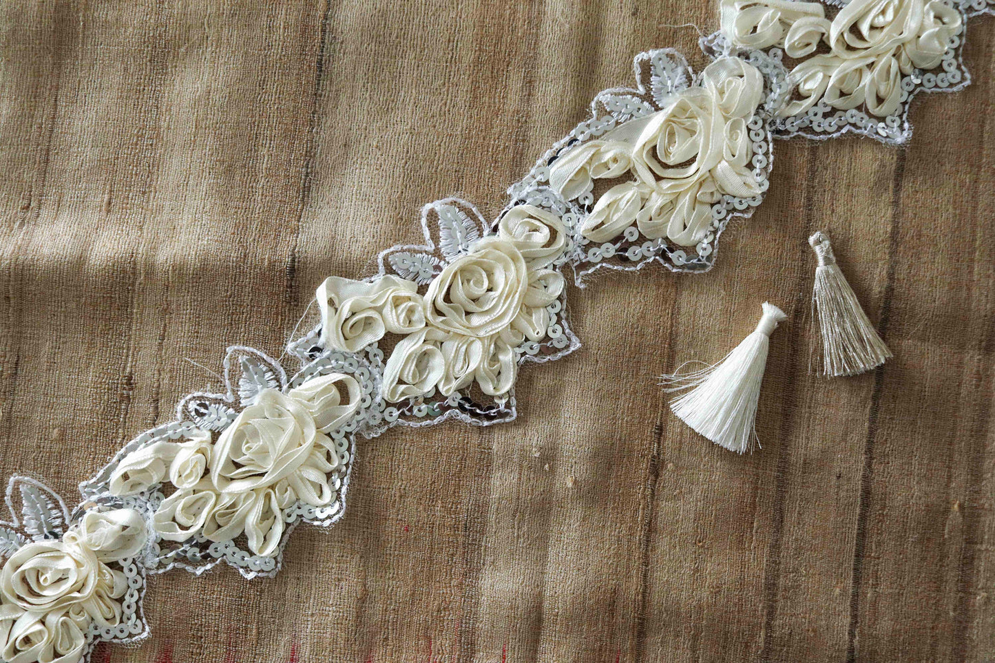 White Ribbon Floral Embroidered Trim,White Cutwork Sequin Net Floral Lace,Indian Fabric Trim,White Floral Saree Cutwork Border,Price/mtr