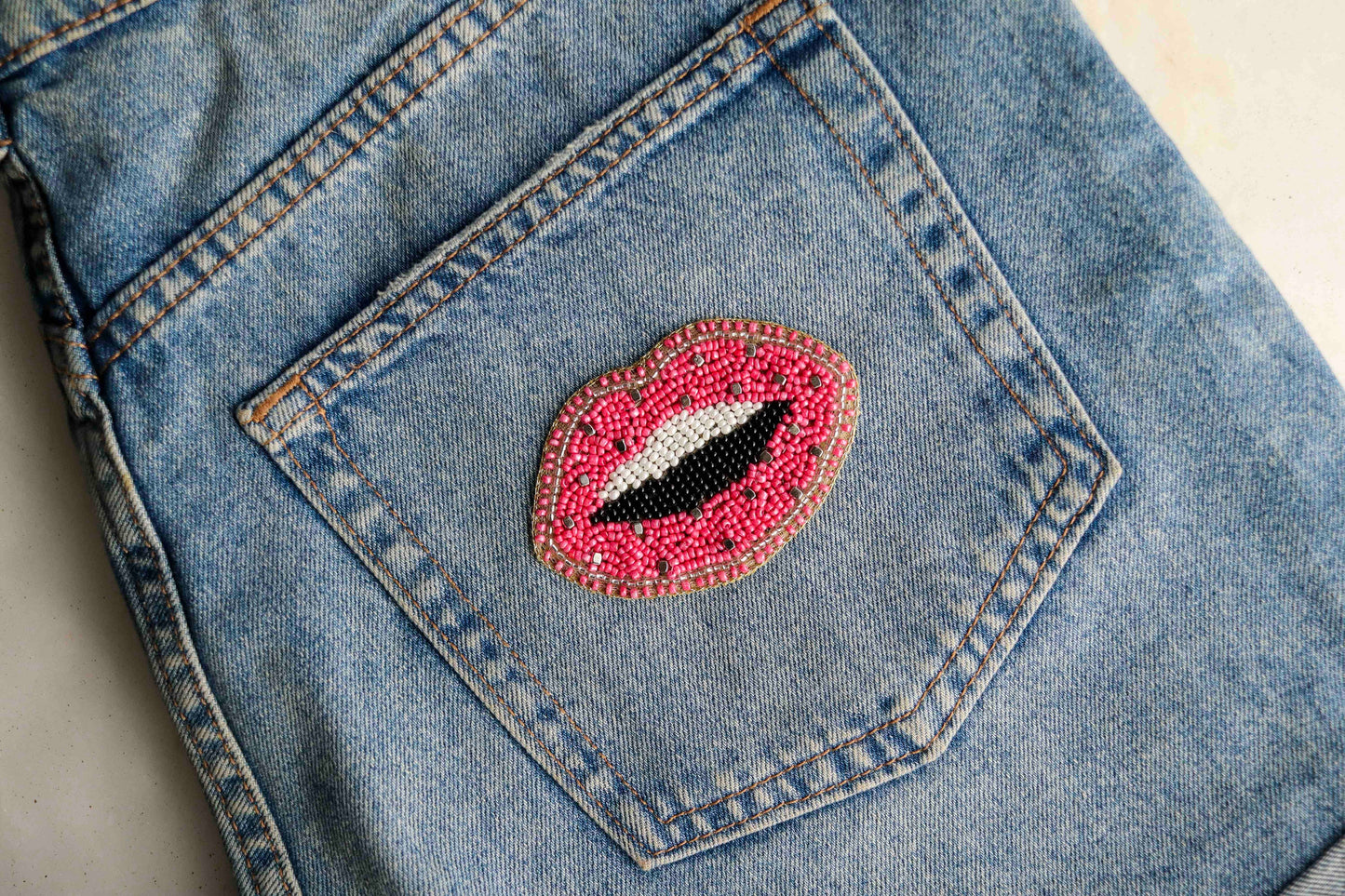 Pink Embroidered Lips Quirky Patch,Handmade Pink Kiss applique, Colourful Pink Smile fabric patch,Boho Easy DIY Patch
