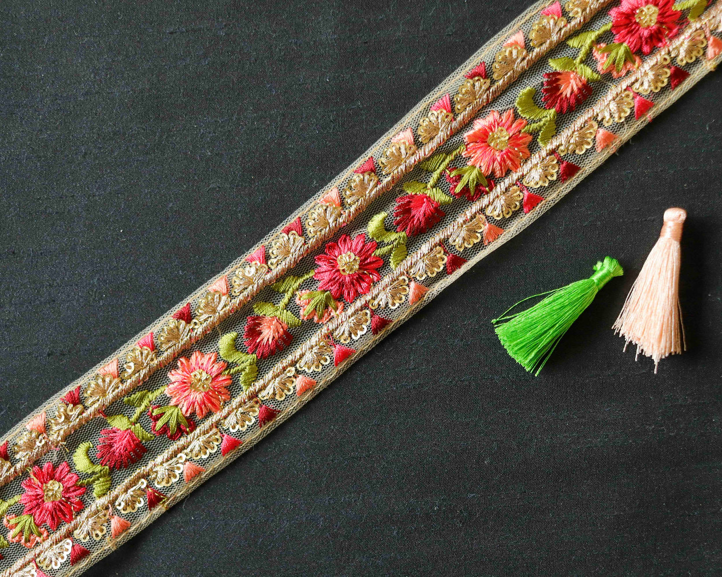 Peach Pink Floral Embroidered Trim,Sequin Floral Border,Yellow Red Floral Net Lace,Indian Fabric Trim,Floral Saree Border,Price/mtr